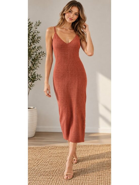 Freshman 1966 Dresses & Skirts - Freshman 1966 terracotta ribbed knit midi dress a classic V-neckline Size M